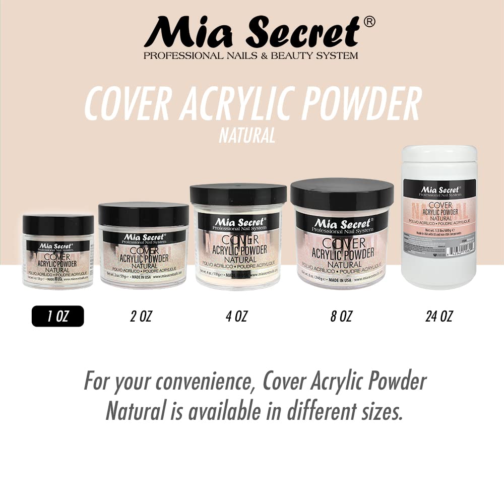 Packaging featuring Mia Secret Cover Natural 2 oz acrylic powder for salon use