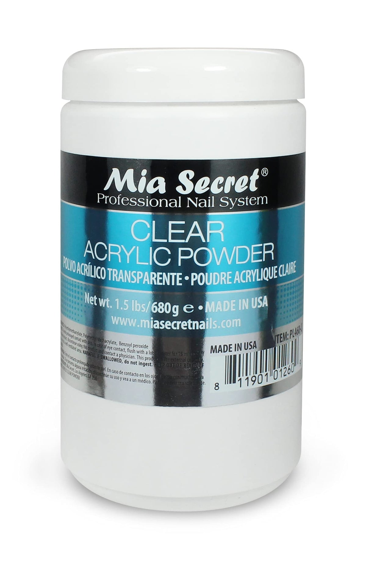 Mia Secret Clear Acrylic Powder bottle showcases 24oz for long-lasting, smooth consistency