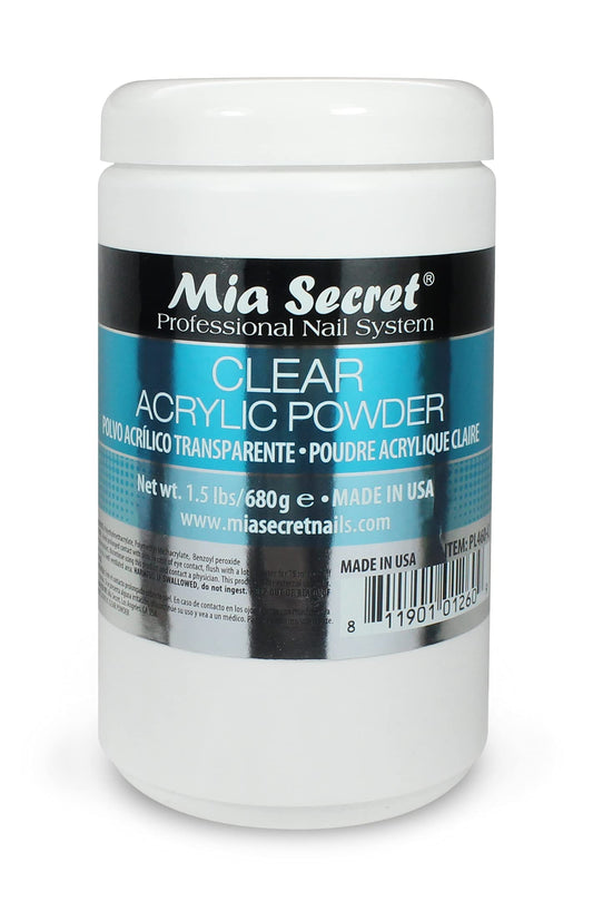 Mia Secret Clear Acrylic Powder bottle showcases 24oz for long-lasting, smooth consistency