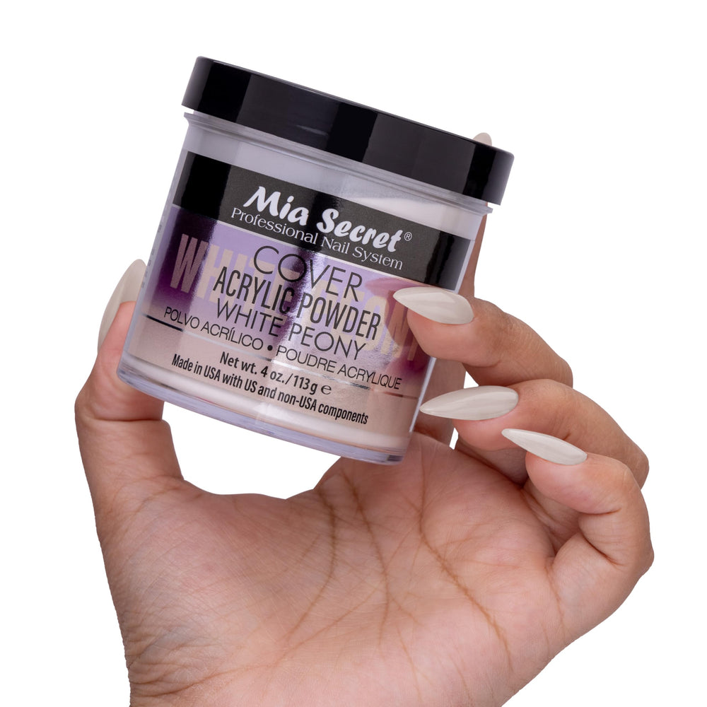 Packaging box for Mia Secret Cover White Peony powder highlighting USA-made quality