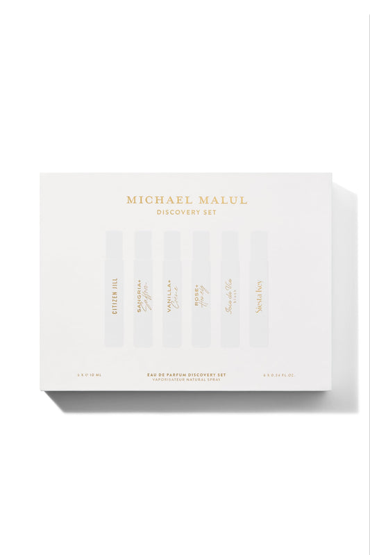 Michael Malul discovery set compact packaging highlighting four scents and blends.