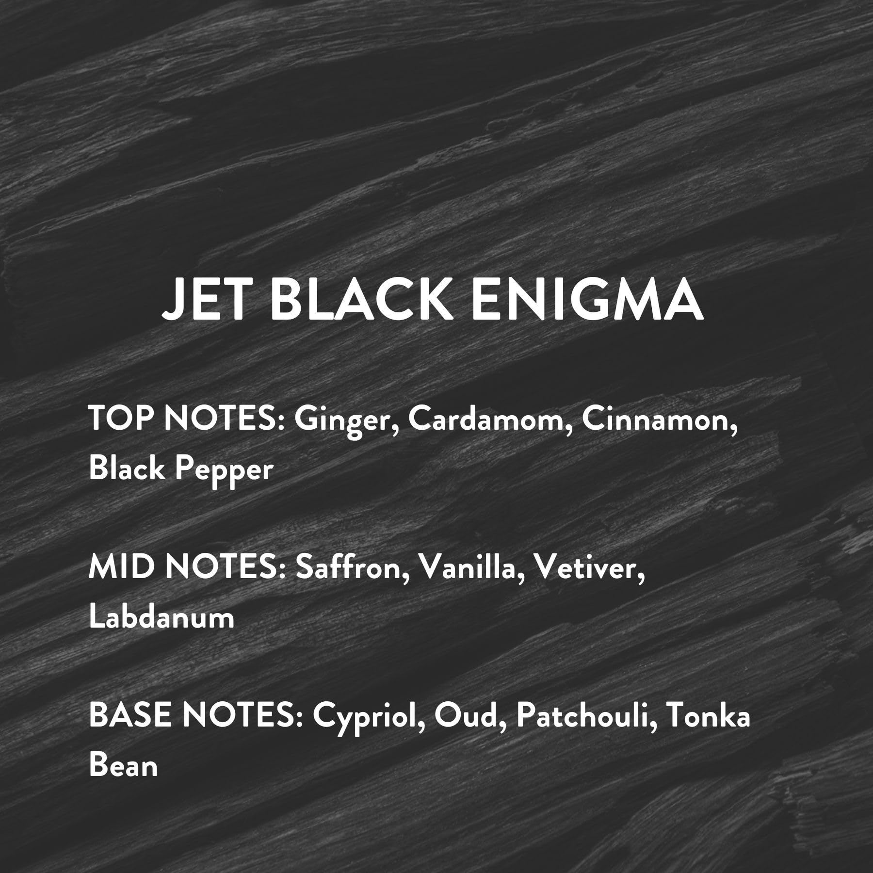 Michael Malul Jet Black Enigma base-notes closeup, showing woody depth for night use.