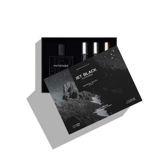 Michael Malul Jet Black Intense gift set packaging, ideal for gifting and exploring scents.