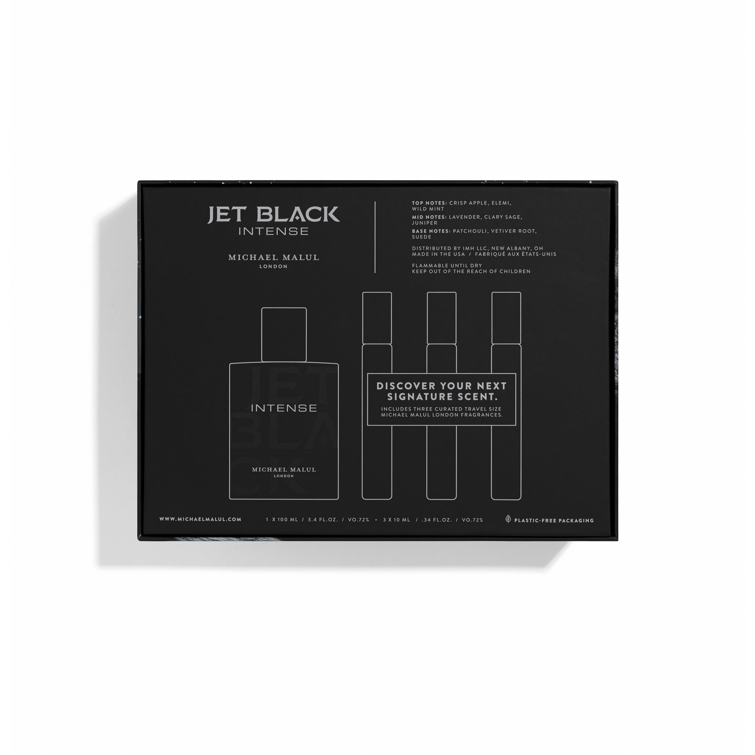 Michael Malul Jet Black Intense travel-size bottles for easy on-the-go fragrance.