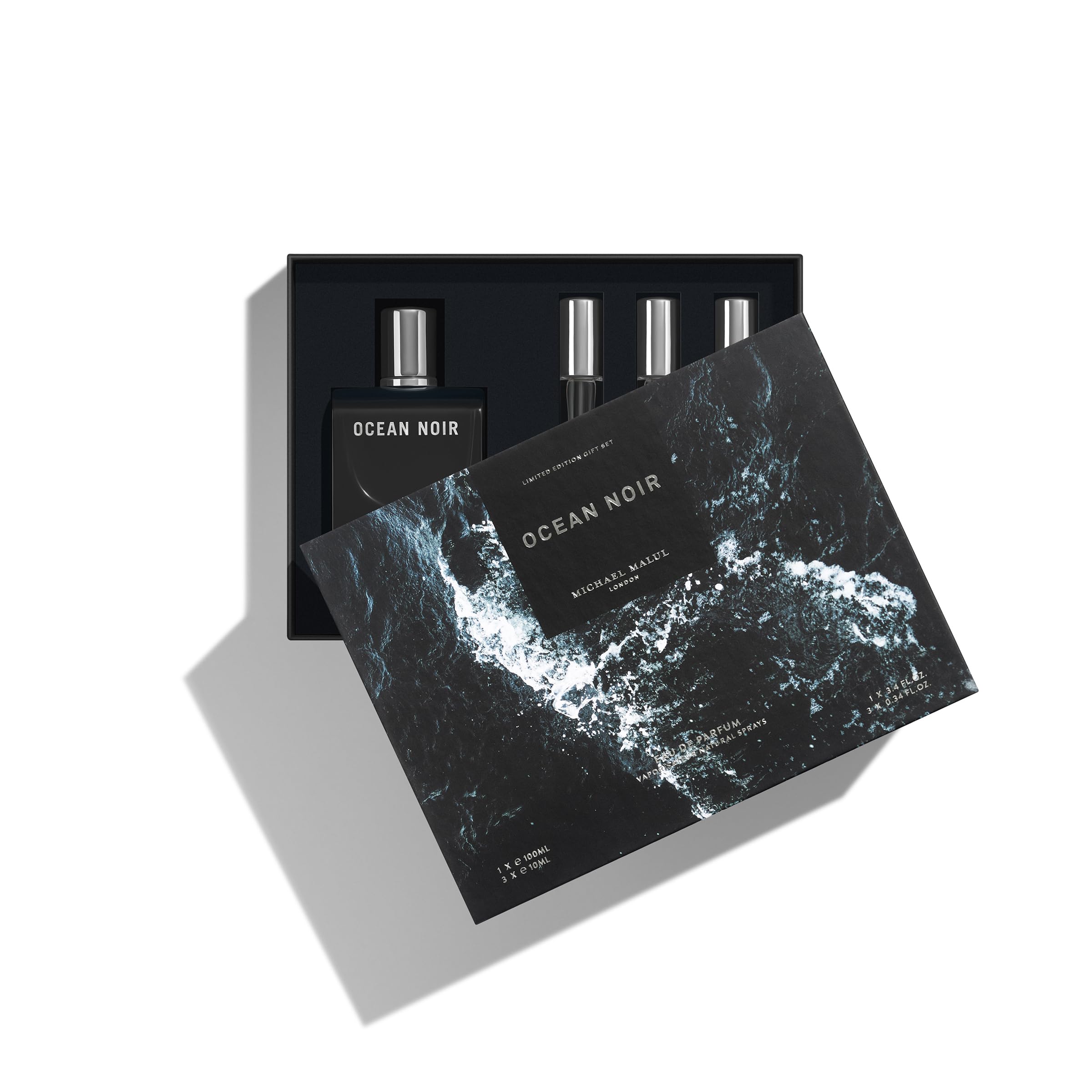 Michael Malul Ocean Noir gift set packaging with 100ml bottle and travel sizes.