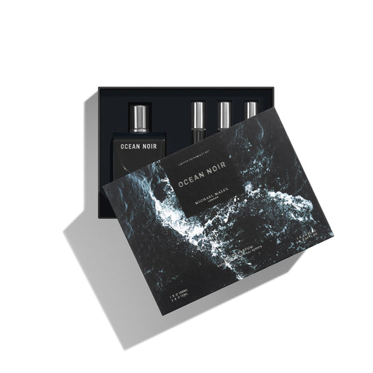 Michael Malul Ocean Noir gift set packaging with 100ml bottle and travel sizes.