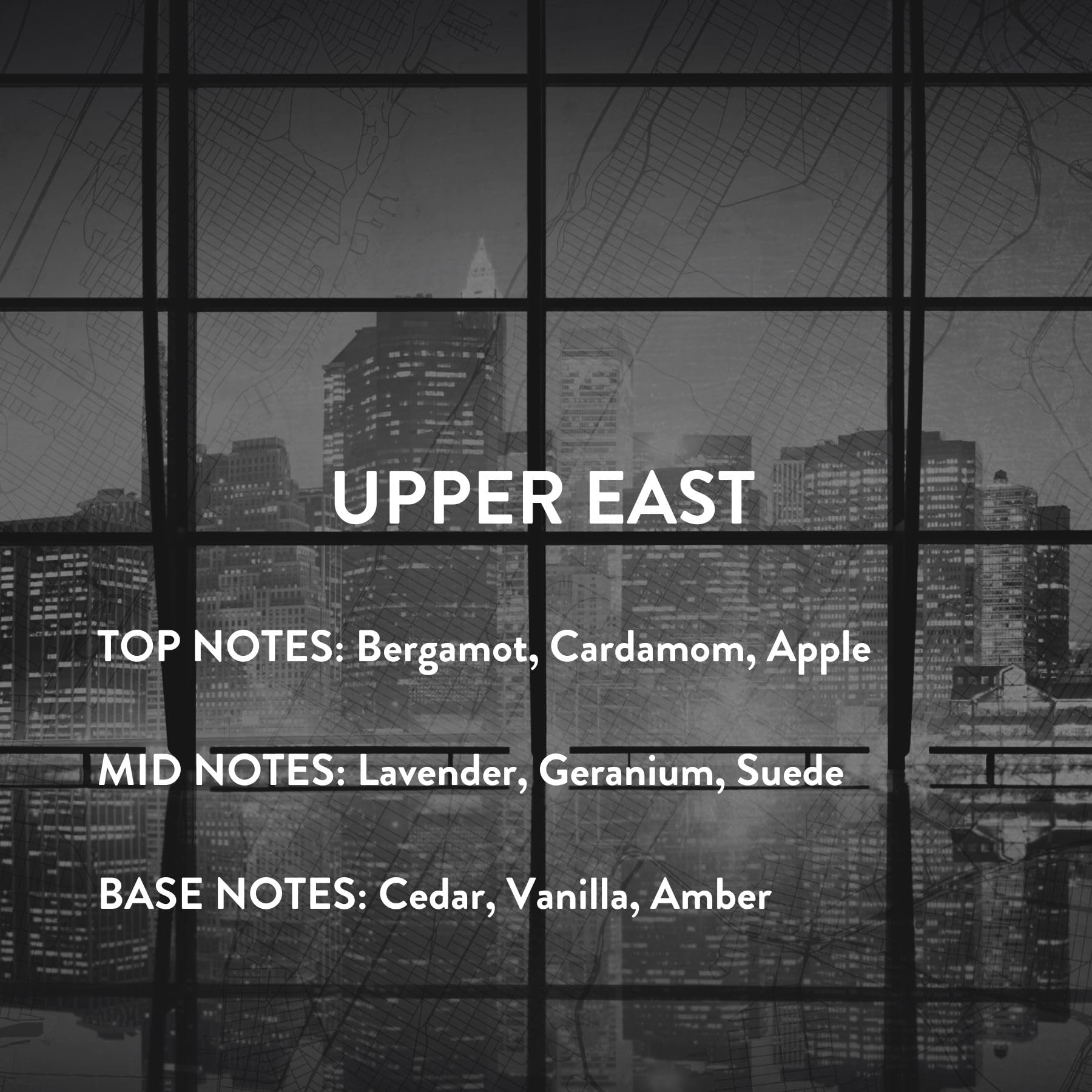 Upper East fragrance displays amber vanilla cedar warmth for evenings.