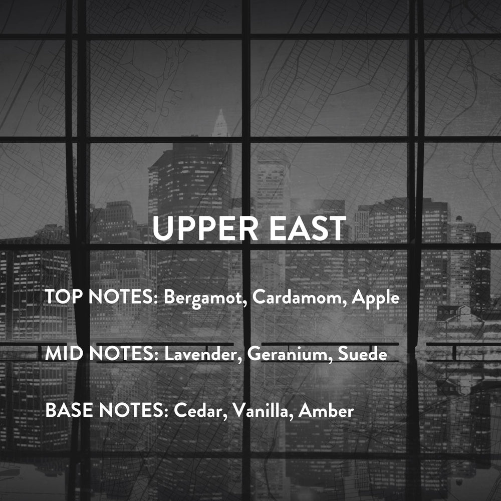 Upper East fragrance displays amber vanilla cedar warmth for evenings.