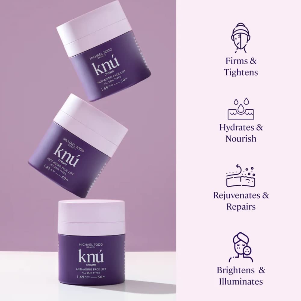 MICHAEL TODD KNU Cream ingredients infographic—peptides and hyaluronic acid benefits.