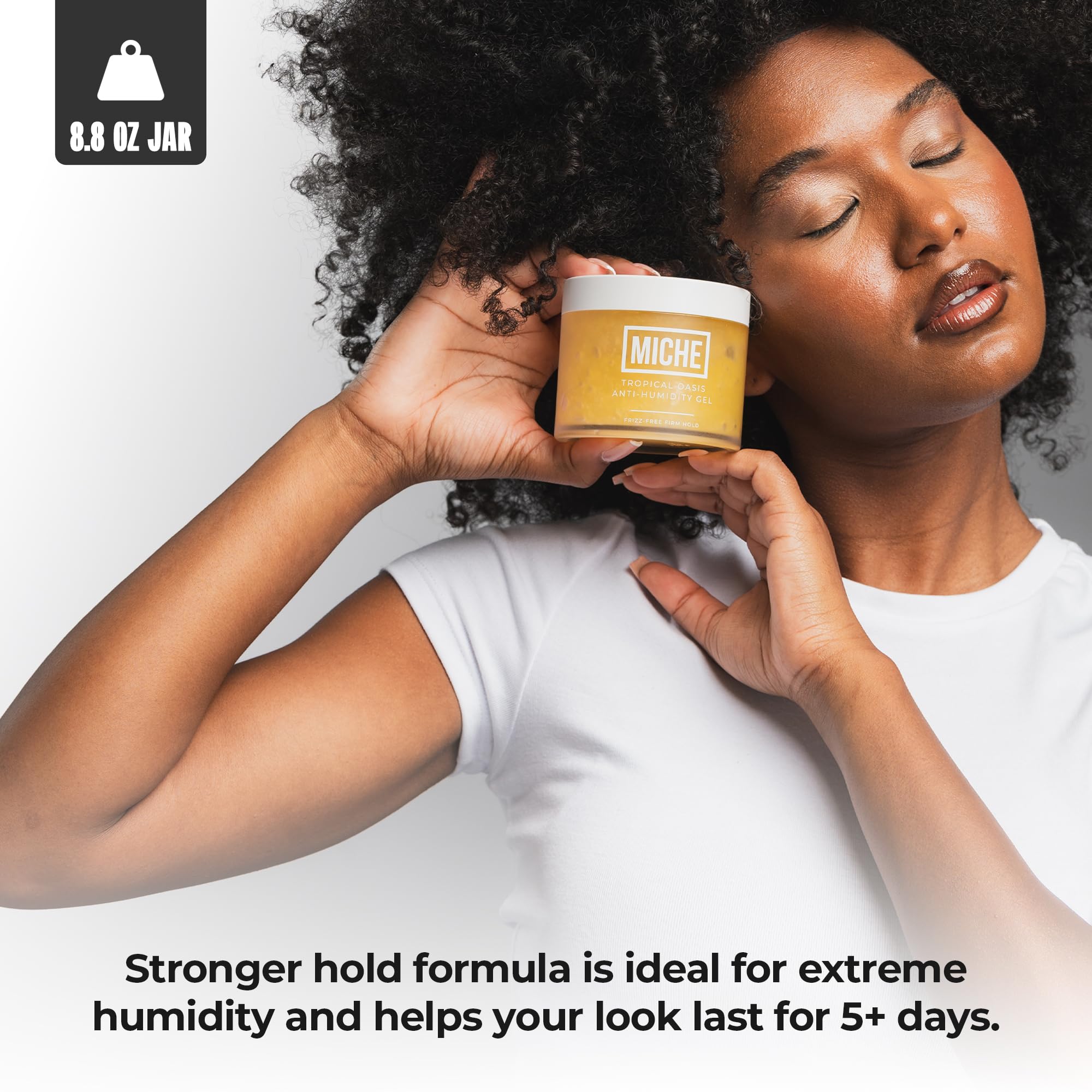 Miche Beauty MICHE all-day hold gel supports defined curls with flexibility.
