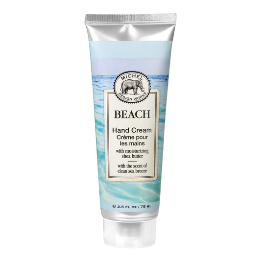 Close-up of the Beach hand cream label highlighting bergamot amber watermelon notes