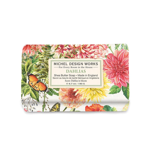 Michel Design Works Dahlias soap bar 6.7 oz showcasing vibrant petals and a fragrant, long-lasting lather.