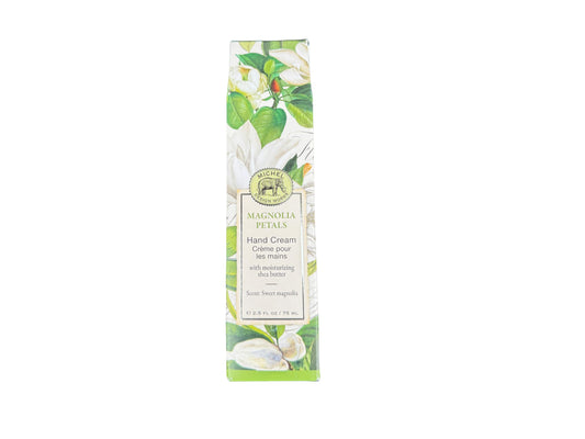 Michel Design Works Magnolia Petals hand cream in a travel-friendly tube offering rich hydration on the go.