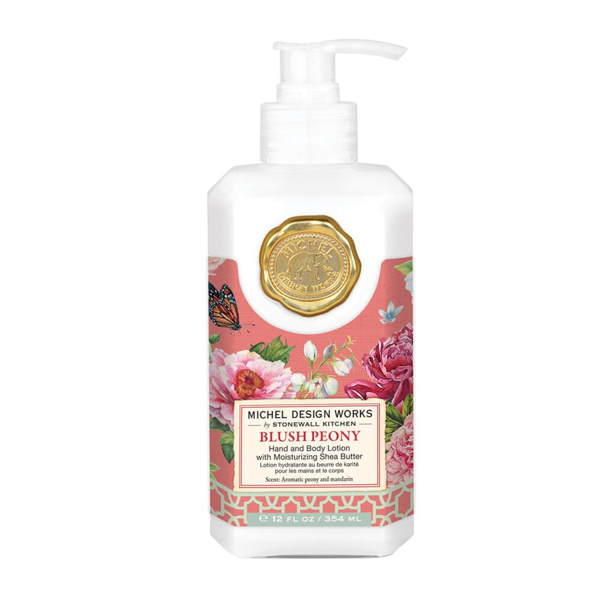 Michel Design Works hand lotion bottle with Blush Peony scent for daily hydration.