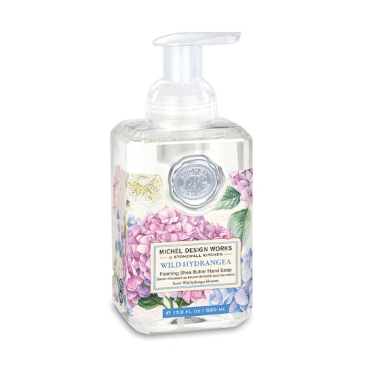 Michel Design Works hydrangea foaming soap pump delivers a luxurious scent and gentle lather