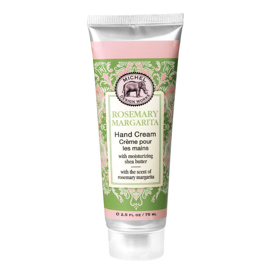 Michel Design Works Rosemary Margarita hand cream closeup, highlighting silky texture for dry skin.