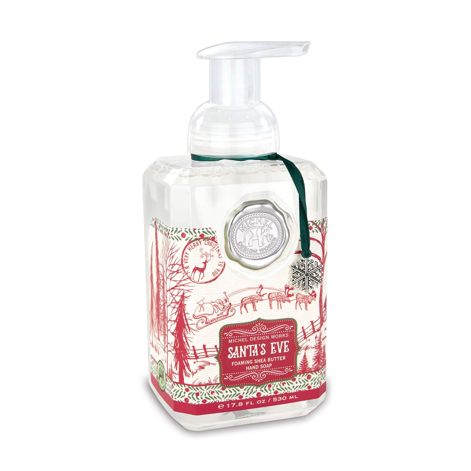 Michel Design Works Santa's Eve pump dispenser delivering luxurious foaming soap