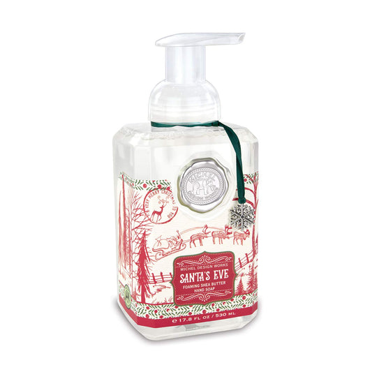 Michel Design Works Santa's Eve pump dispenser delivering luxurious foaming soap