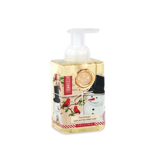 Michel Design Works Snowman foaming hand soap bottle showcasing festive scent and moisturizing formula
