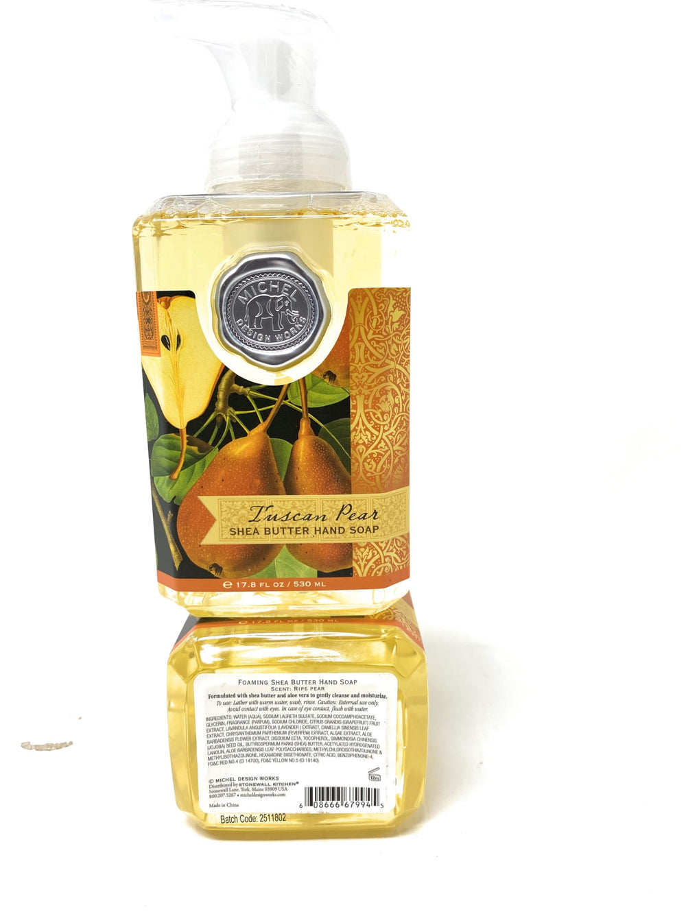 Michel Design Works Tuscan Pear foaming soap packaging makes a gift-ready display.