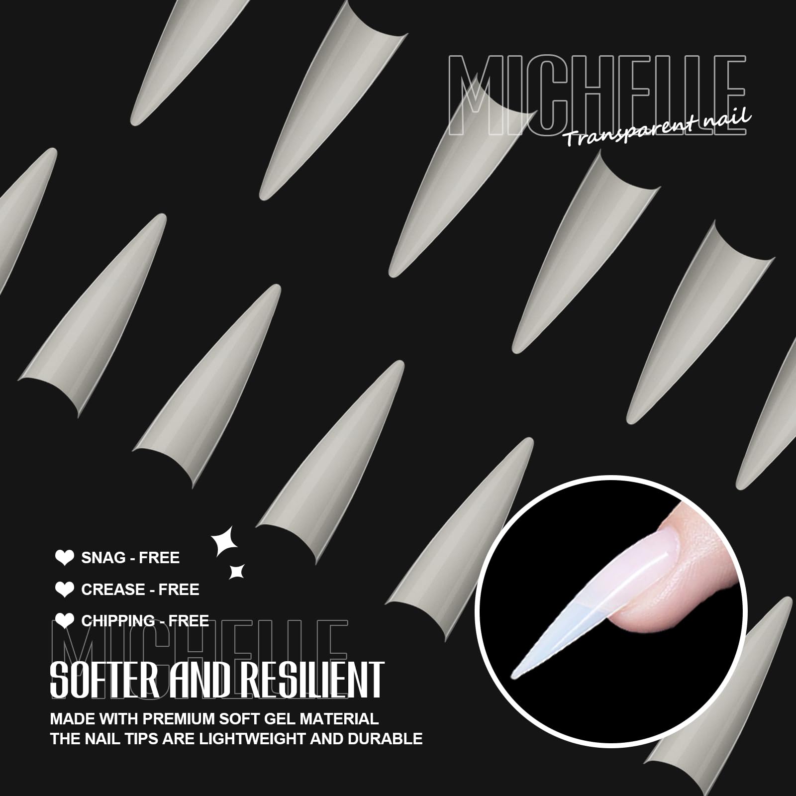 Michelle stiletto nail tips with 12 sizes for precise, natural-looking extensions