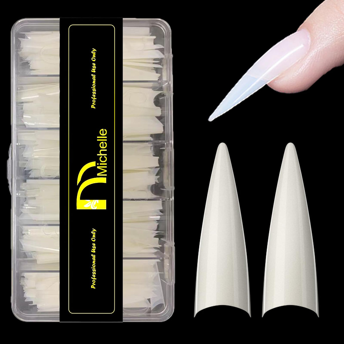 Michelle stiletto nail tips outer pack showing a 504-piece set for quick extensions
