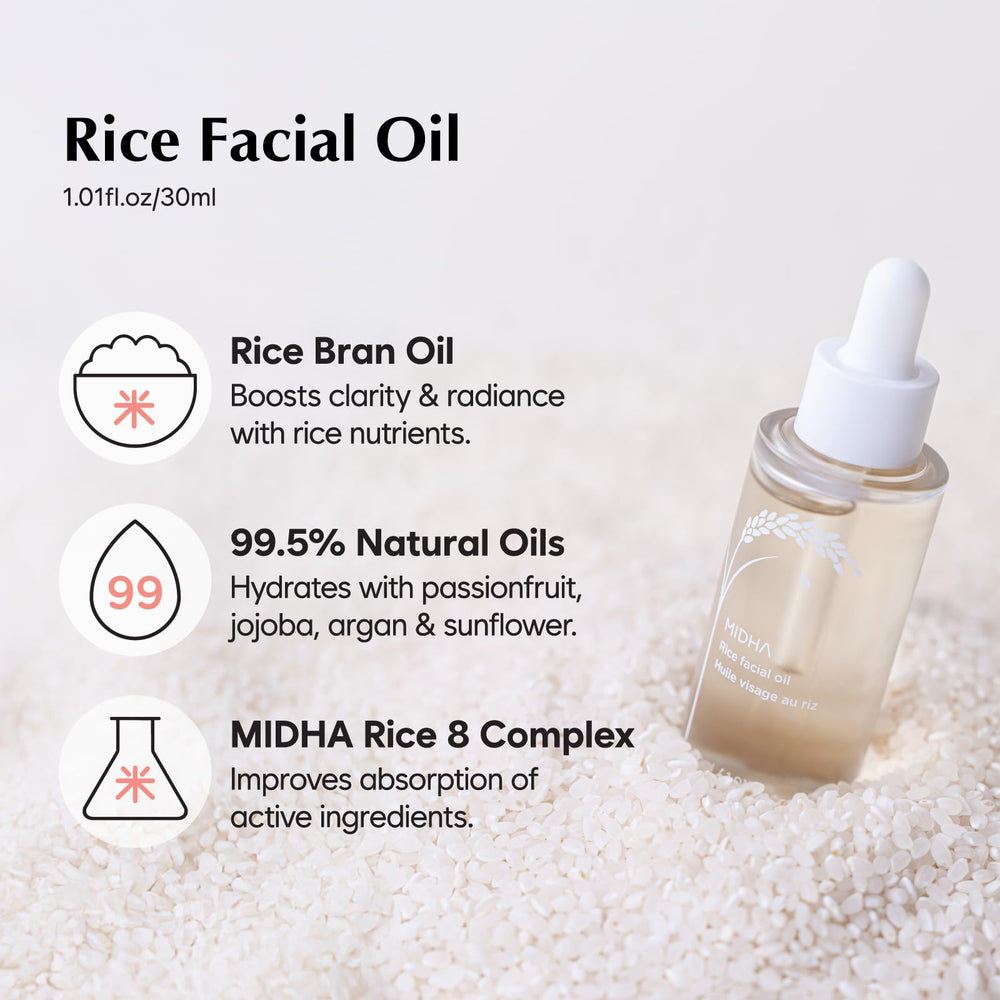 MIDHA Rice Facial Oil contains rice bran oil and natural oils.