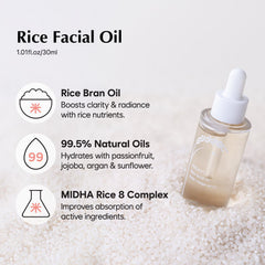 MIDHA Rice Facial Oil contains rice bran oil and natural oils.