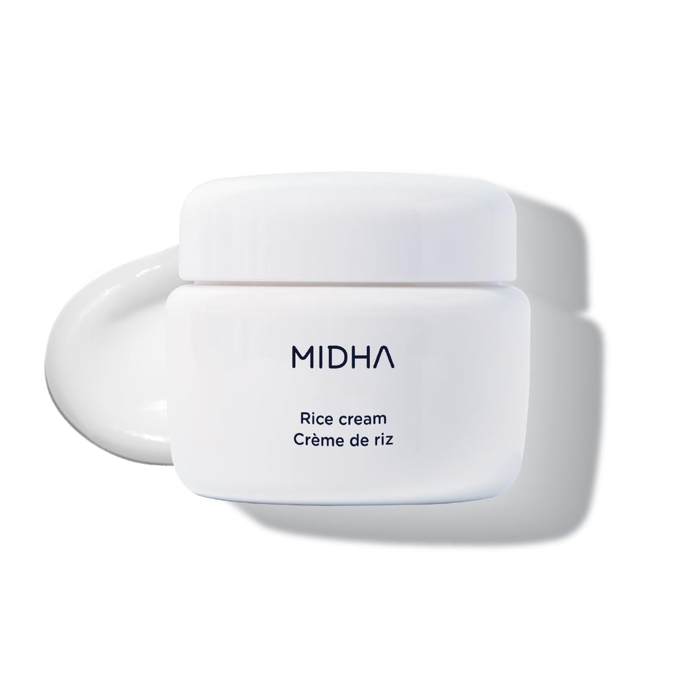 MIDHA Rice Cream bottle packaging shows premium daily hydration.