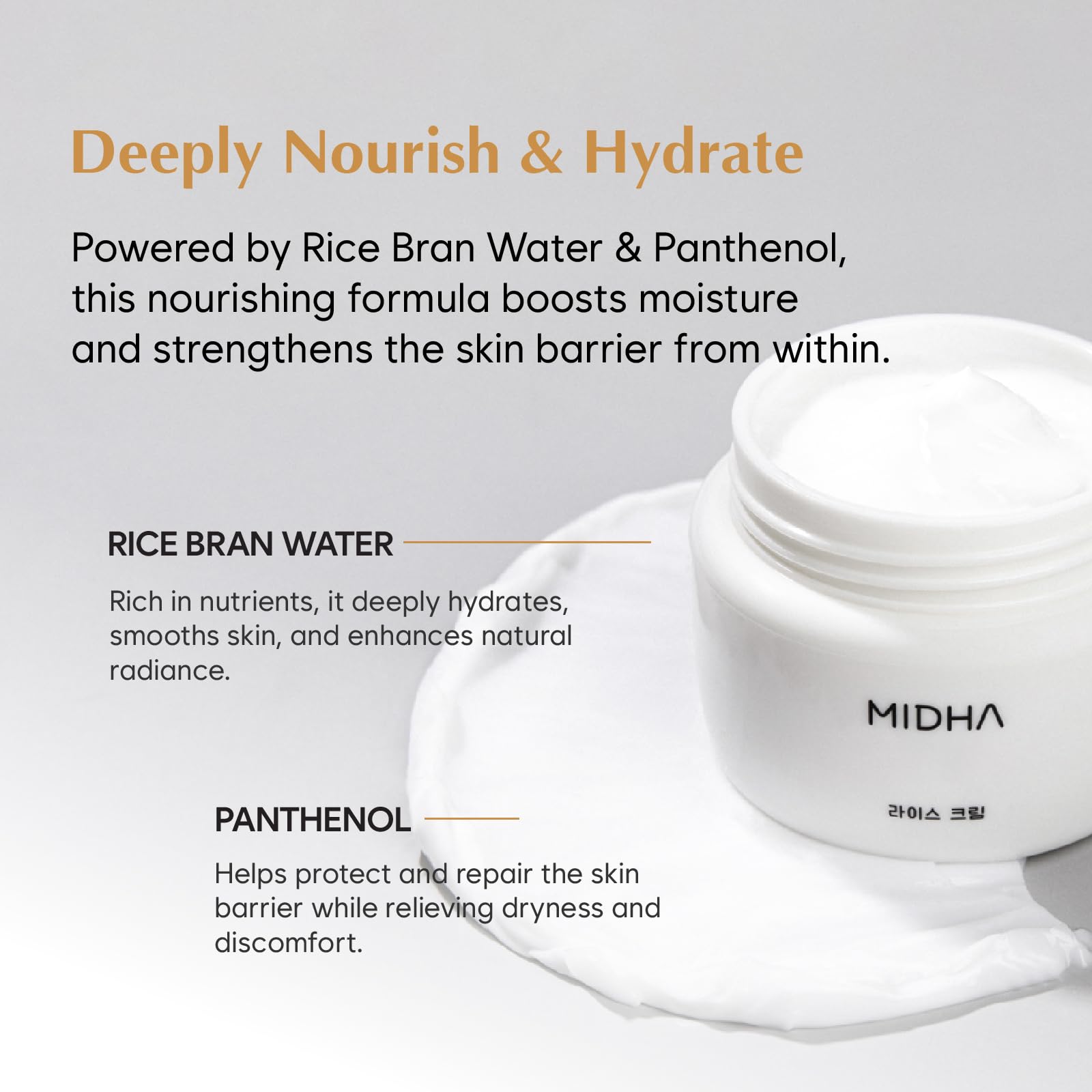 Panthenol nourishes and strengthens the skin barrier in MIDHA Rice Cream.