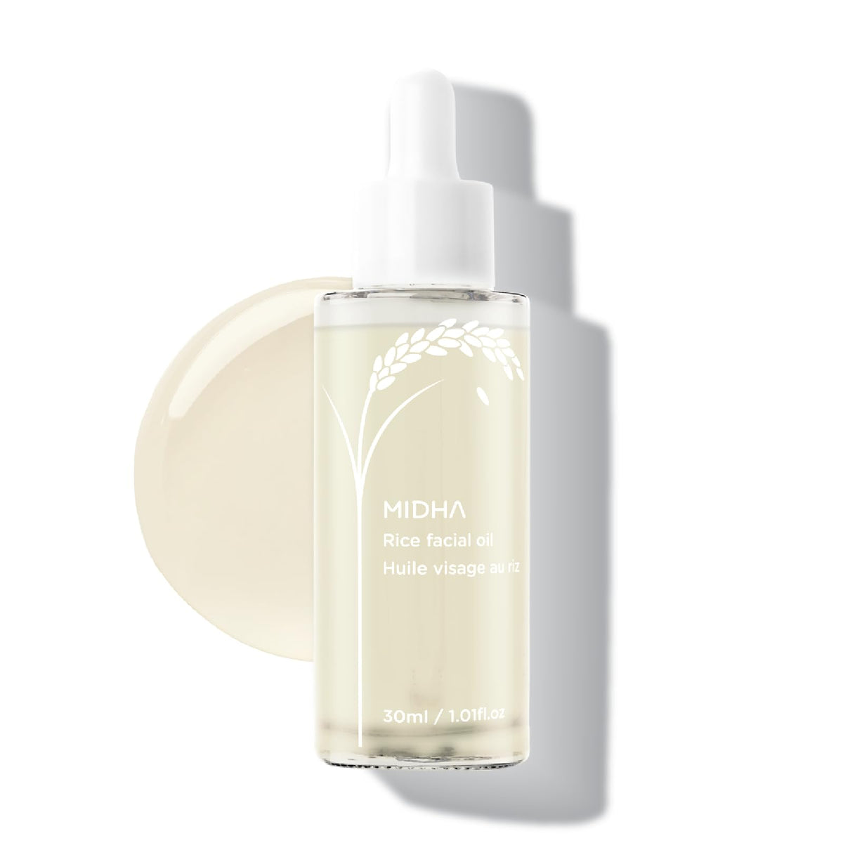 MIDHA Rice Facial Oil bottle illustrating lightweight, non-greasy hydration.