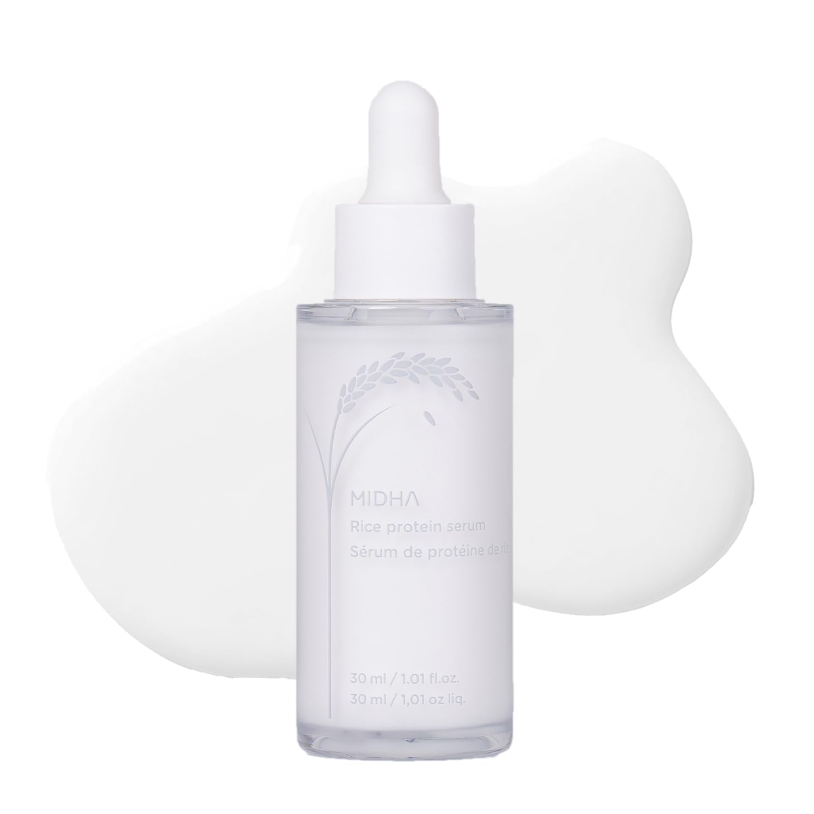 MIDHA Rice Protein Serum bottle close-up shows deep hydration potential