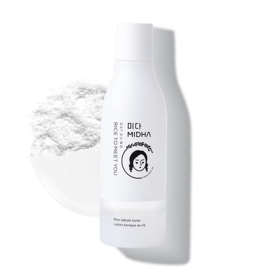 Midha Rice SEBUM Toner bottle closeup highlights hydrating formula for oily skin