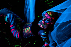 Midnight Glo yellow UV neon paint brightens face and clothes under UV lighting.