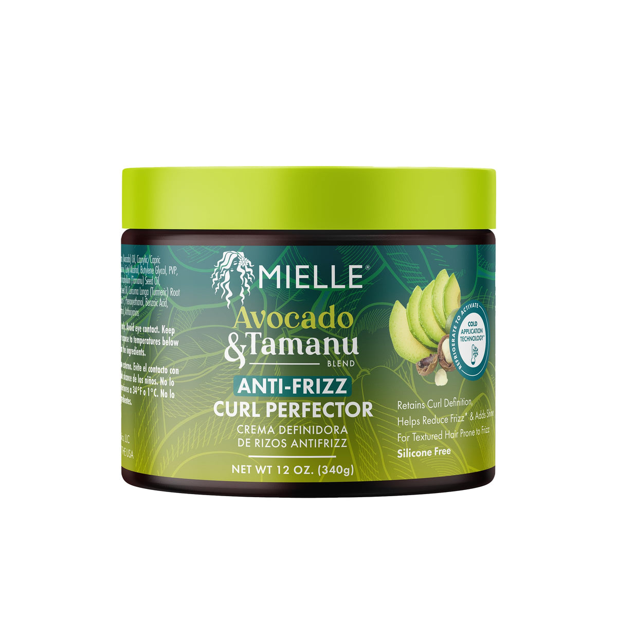 Mielle Avocado & Tamanu Anti-Frizz Cream bottle demonstrates smoothing for textured hair.