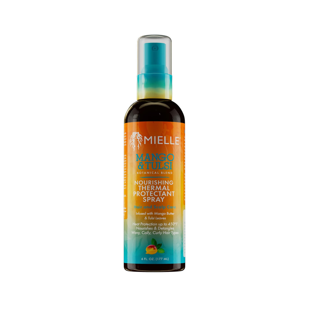 Mielle Organics Nourishing Thermal Heat Protectant Spray bottle shields strands during blow-drying.