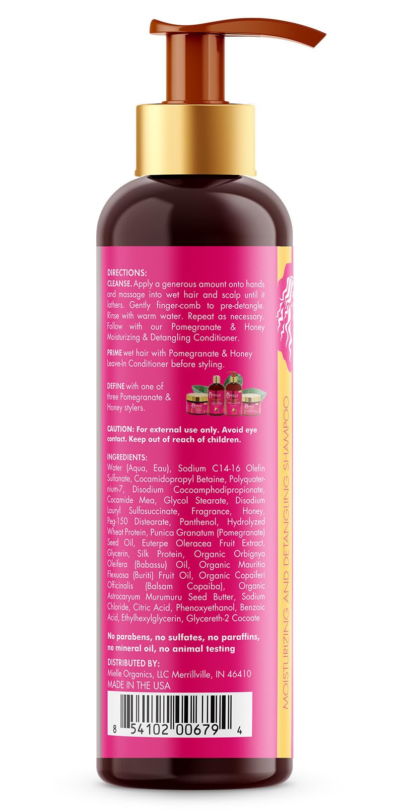 Mielle Organics Pomegranate Honey packaging close-up shows label details and product story