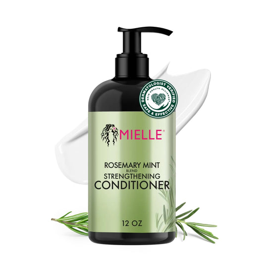 Mielle Organics Rosemary Mint conditioner bottle enhances detangling and manageability.