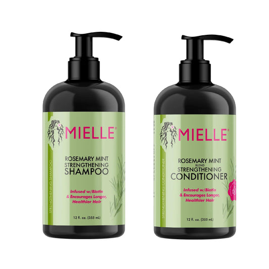 Mielle Rosemary Mint Shampoo bottle highlighting a strengthening formula for healthier hair