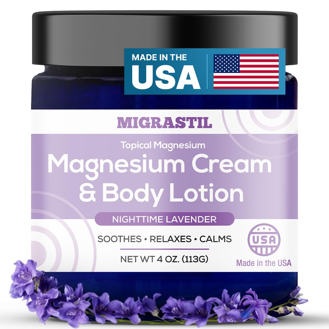 MigraStil Nighttime Lavender Magnesium Cream bottle front view for a calming bedtime routine