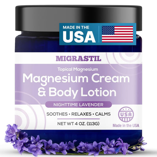 MigraStil Nighttime Lavender Magnesium Cream bottle front view for a calming bedtime routine