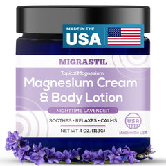 MigraStil Nighttime Lavender Magnesium Cream bottle front view for a calming bedtime routine