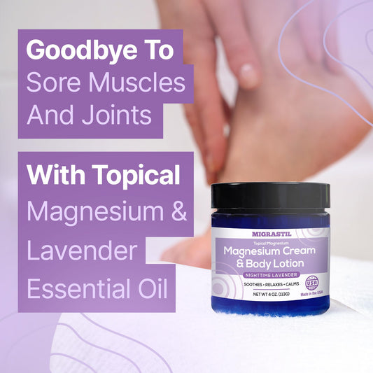 MigraStil Lavender Magnesium Cream pour shot showing quick absorption and mess-free use