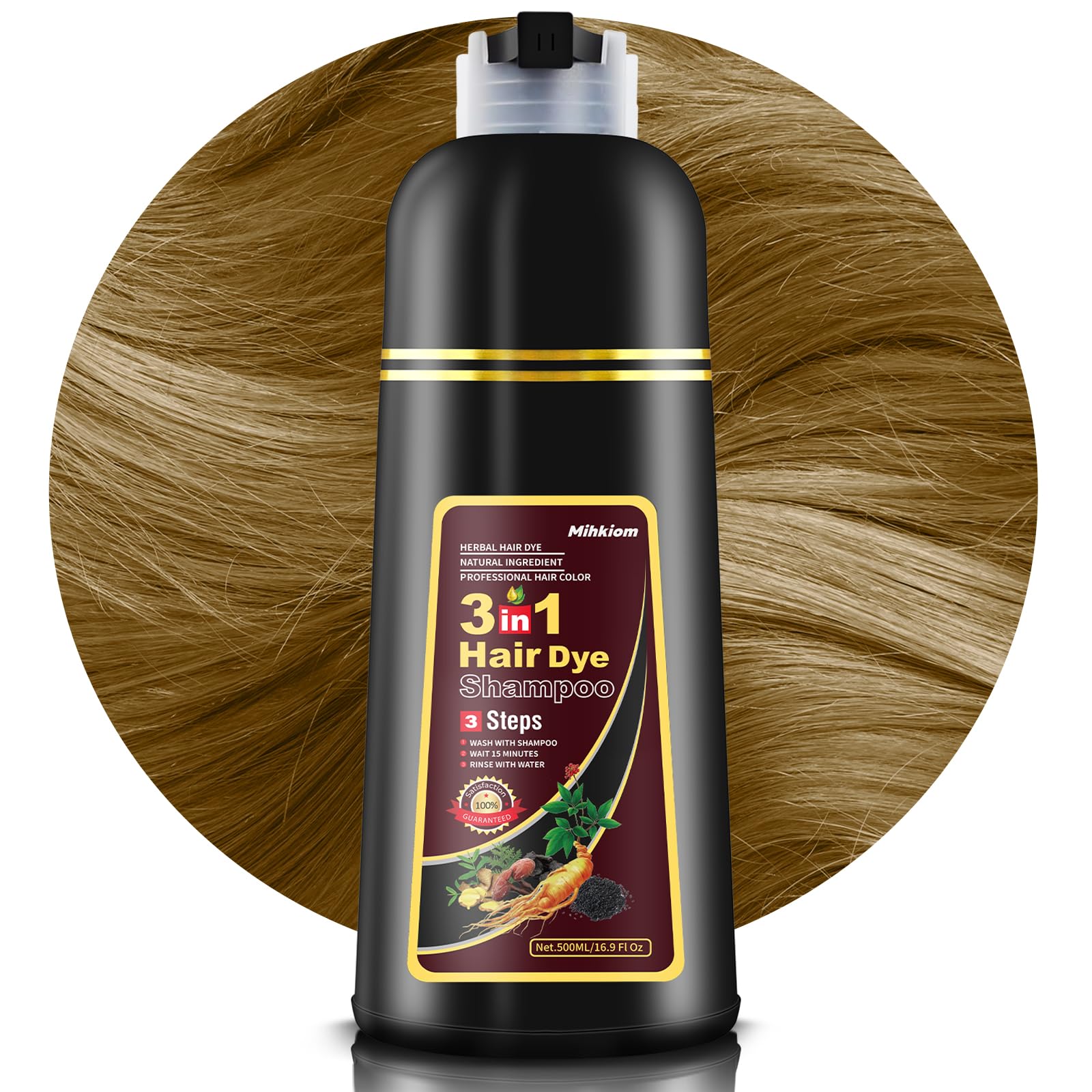 Mihkiom Hair Dye Shampoo 3in1 bottle closeup shows natural color formula for quick refresh