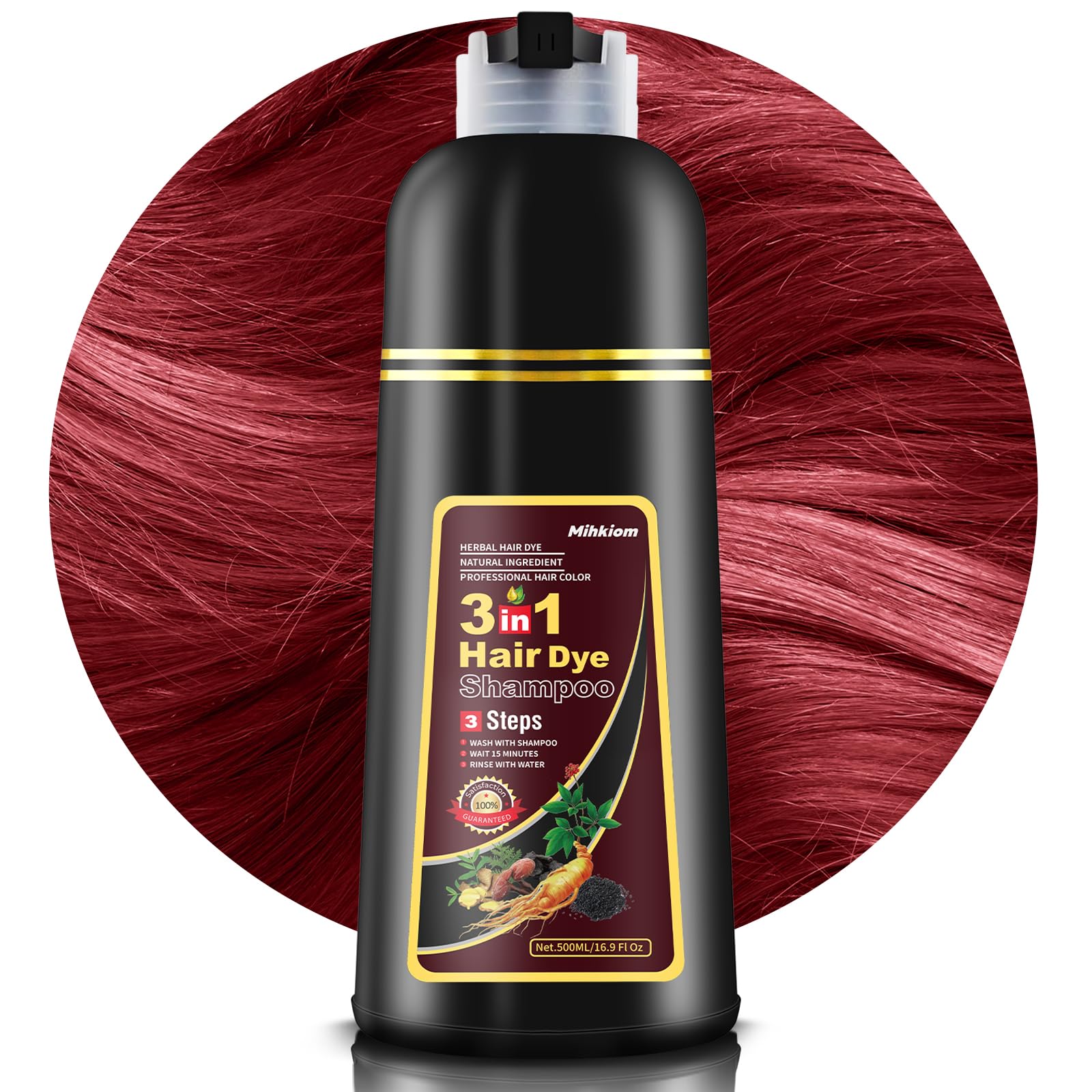Mihkiom Hair Dye Shampoo bottle pouring for easy at-home color refresh.