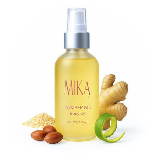 Mika Vie after-shower bottle delivering lasting moisture after shower.