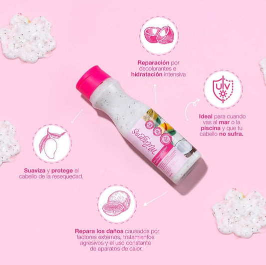 Milagros Biorepolarizer hair-treatment bottle front, supports stronger-feeling hair after chemical styling