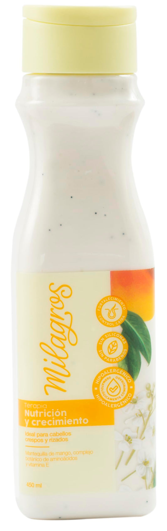 Milagros Curl Therapy bottle close-up for nourished curls.