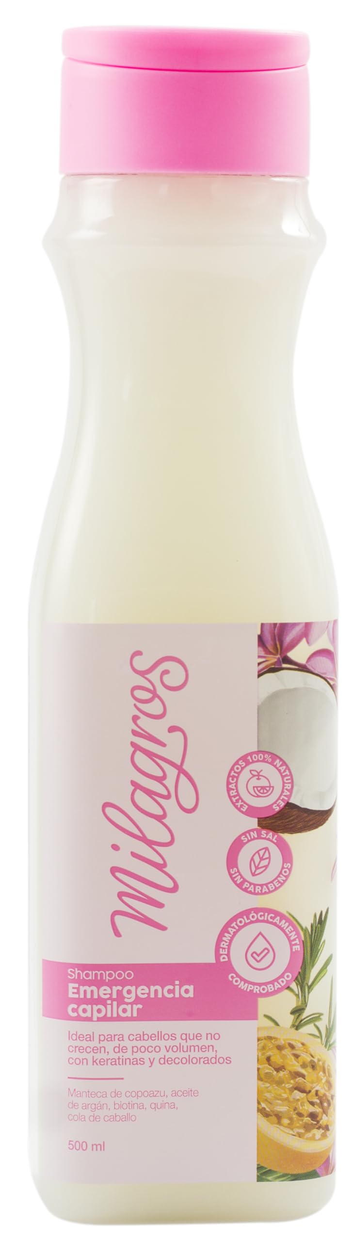 Milagros Emergency Hair Shampoo bottle pouring for gentle cleansing and hair vitality.