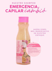 Milagros Emergency Hair Shampoo packaging on shelf highlighting sustainable Colombian care.